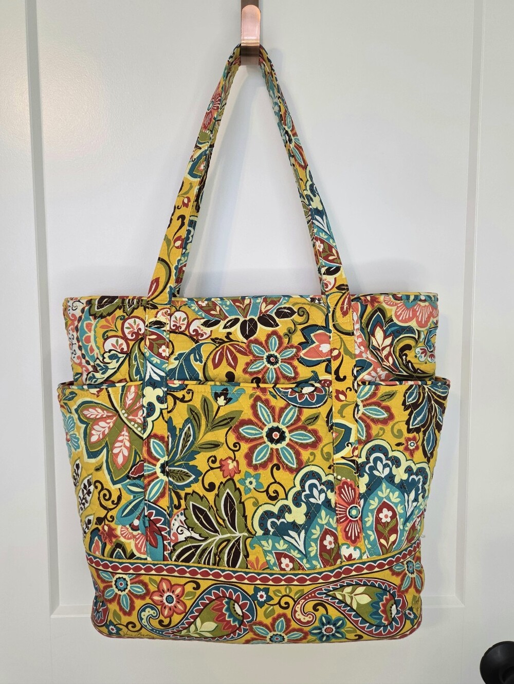 Vera Bradley Yellow Floral Quilted Tote with Multicolor Paisley Print. #KC